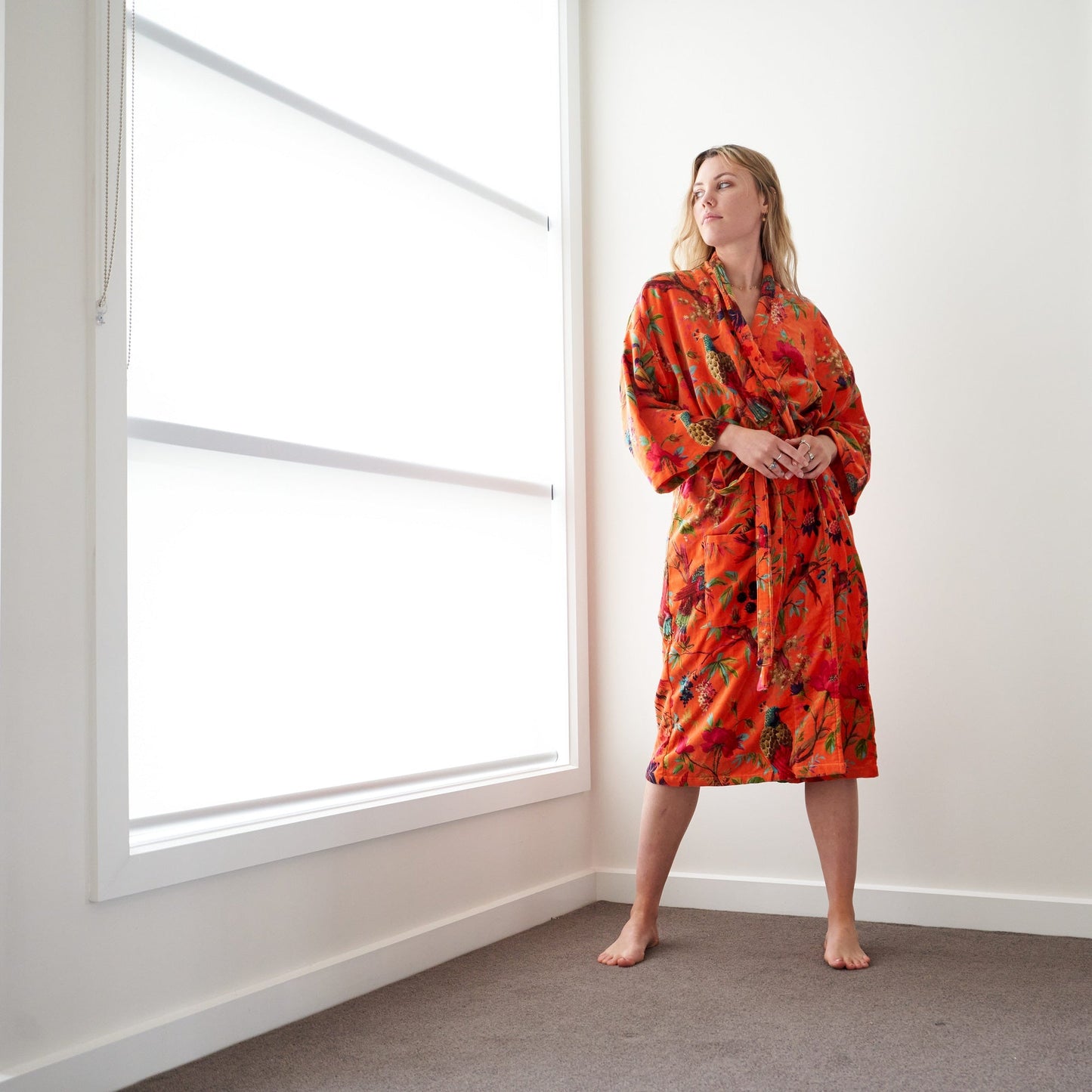 Decadent Florals Cotton Velvet Kimono Robe - Luxe Frida Kahlo-Inspired Design, Versatile Loungewear, Handmade in India