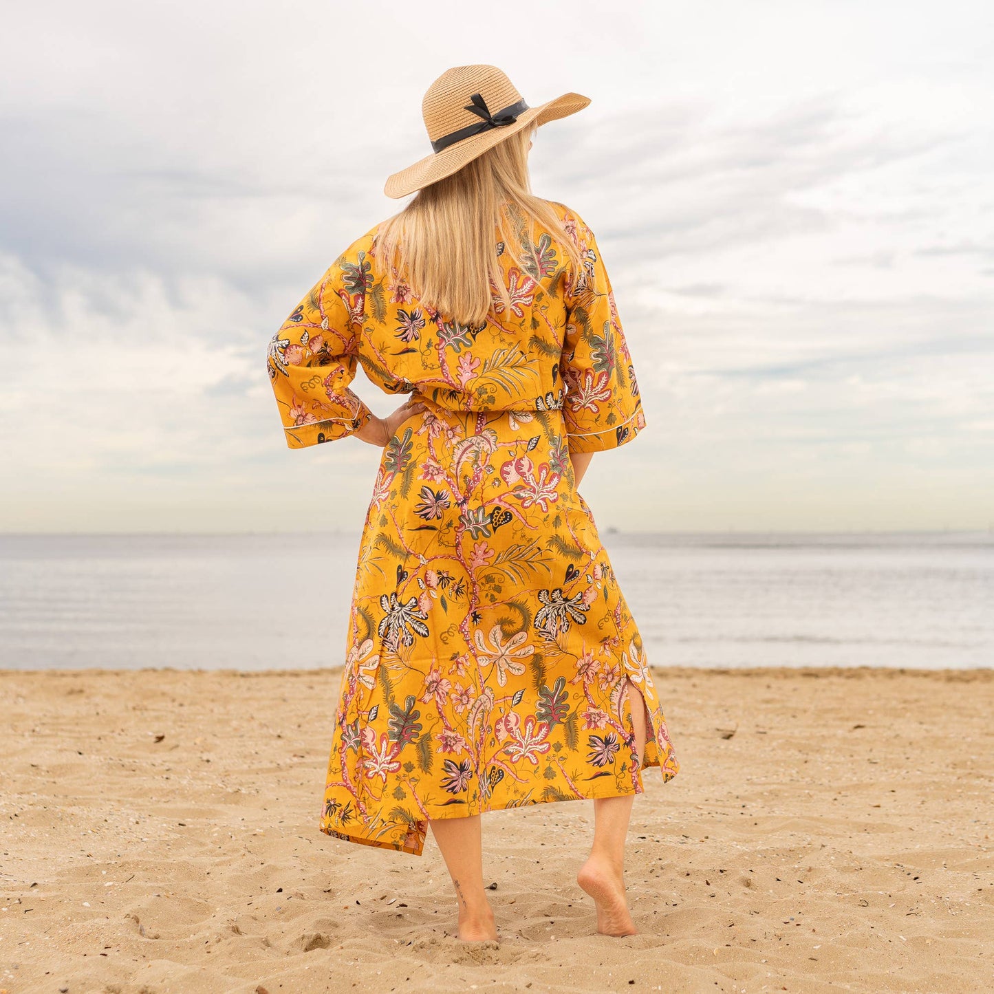 Mustard Paradise Women's Cotton Kimono Robe - Frida Kahlo Inspired, Soft Cotton, One Size, Versatile