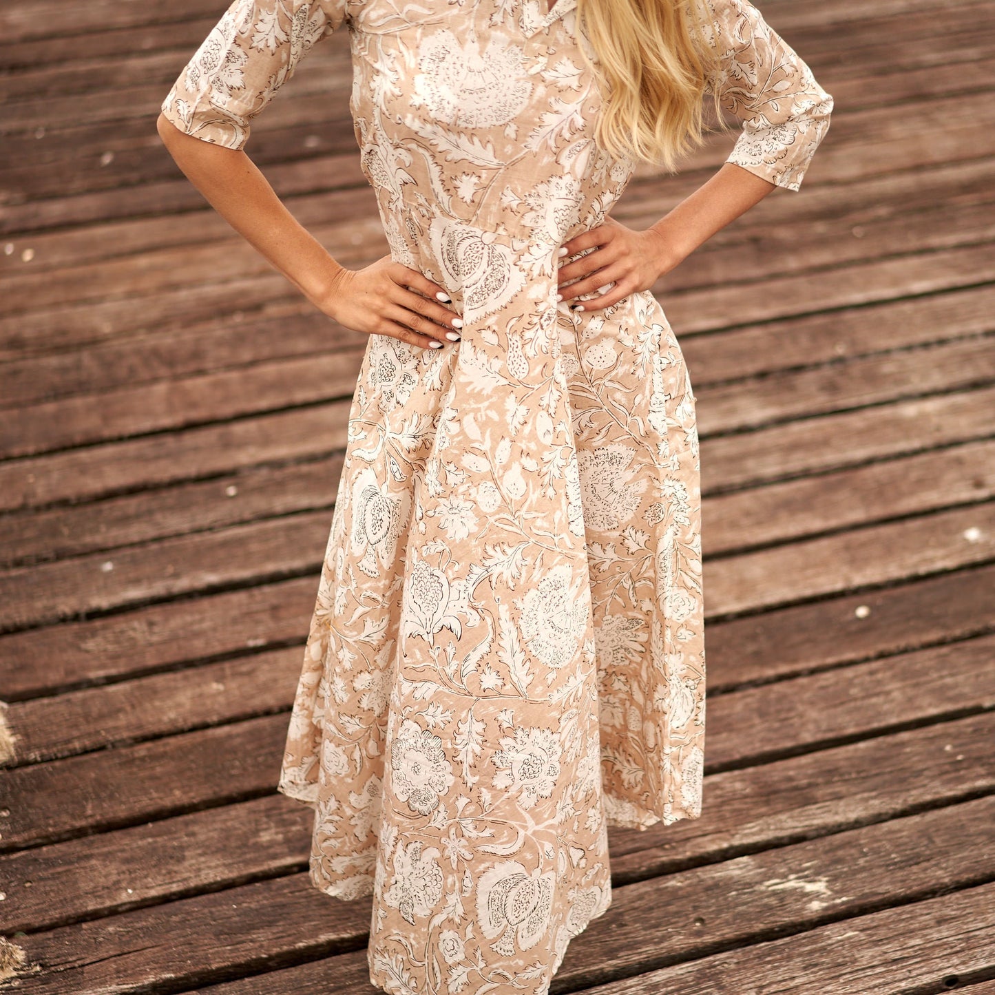 Dreams of Cream 100% Cotton Maxi Dress – Hand-Screen Printed Floral Design, S/M & L/XL, Boho Style