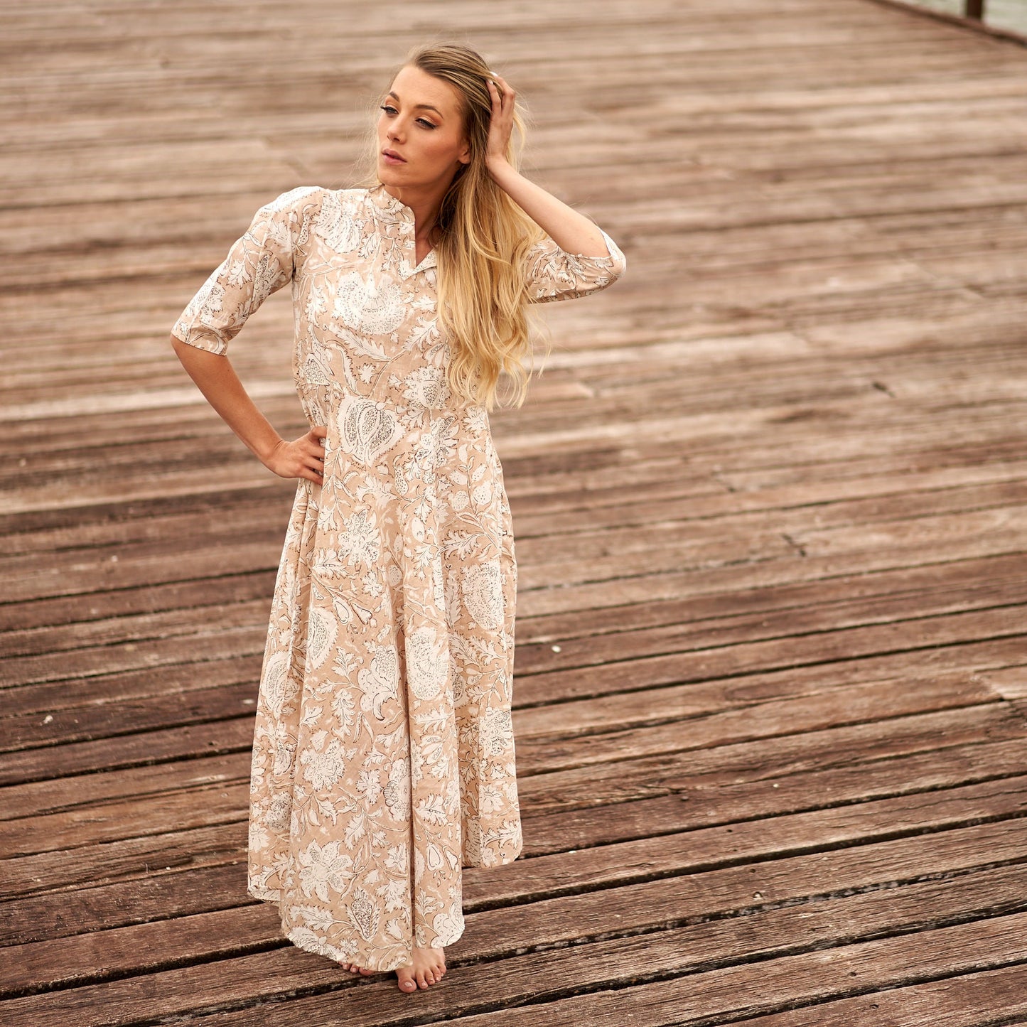 Dreams of Cream 100% Cotton Maxi Dress – Hand-Screen Printed Floral Design, S/M & L/XL, Boho Style