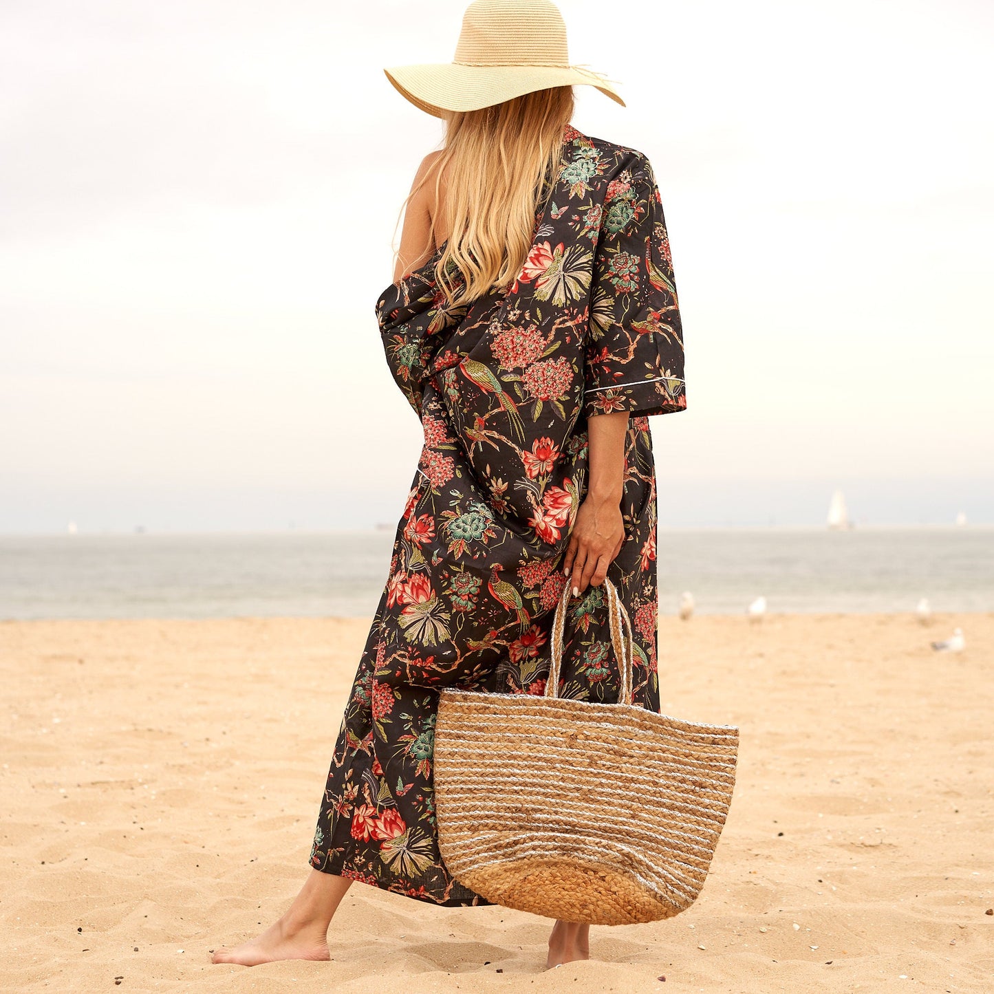Midnight Florals 100% Cotton Kimono – Frida Kahlo-Inspired Bird of Paradise Design, Versatile Robe, Kaftan & Bathrobe, Designed in Australia