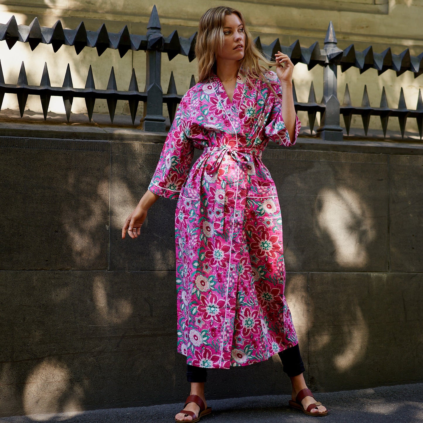 Pink Island Dreams 100% Cotton Kimono Robe – Frida Kahlo-Inspired, Hand-Screen Printed, Versatile Design
