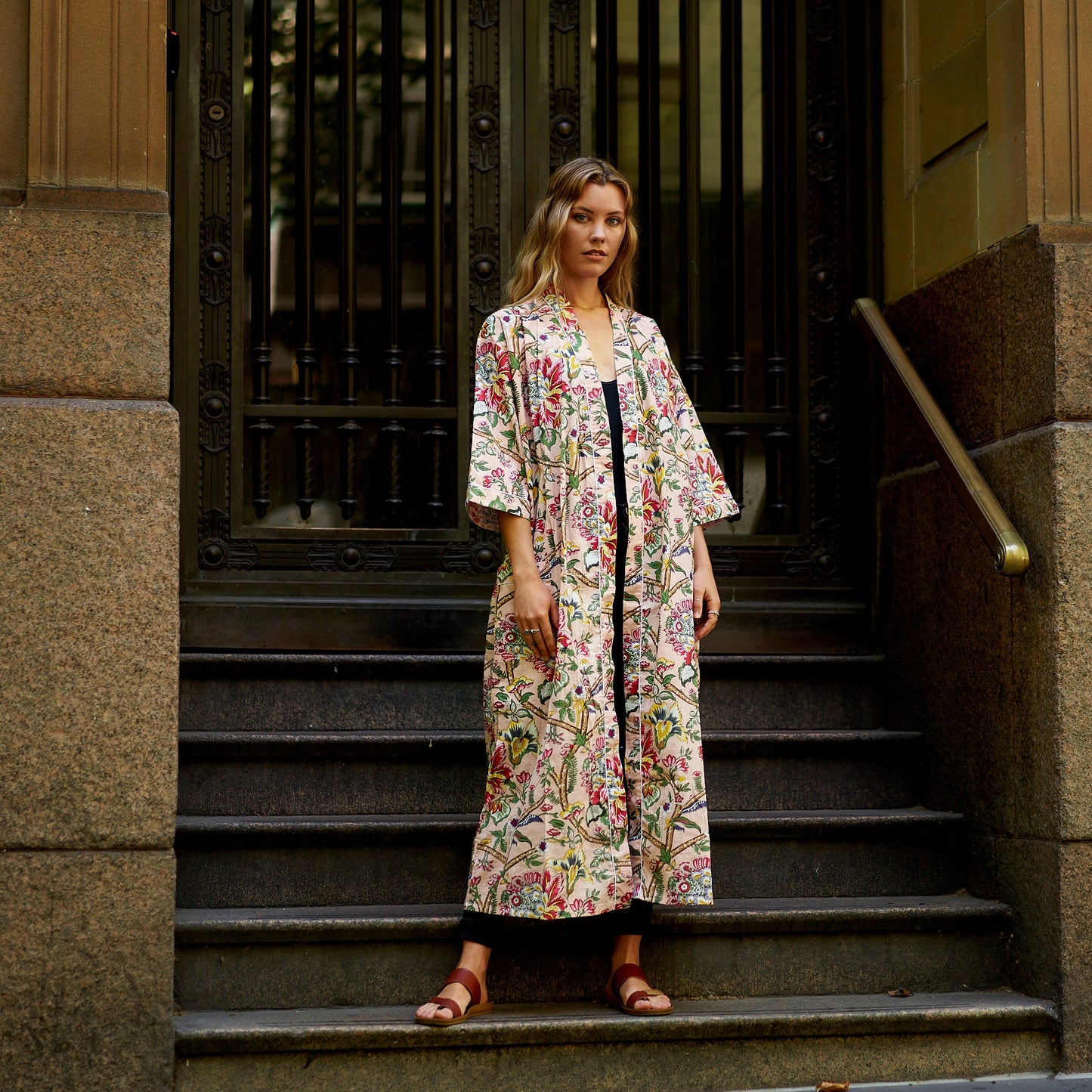 Frida’s Floral Serenade Kimono Robe – 100% Cotton, Hand-Screen Printed, Lightweight & Versatile