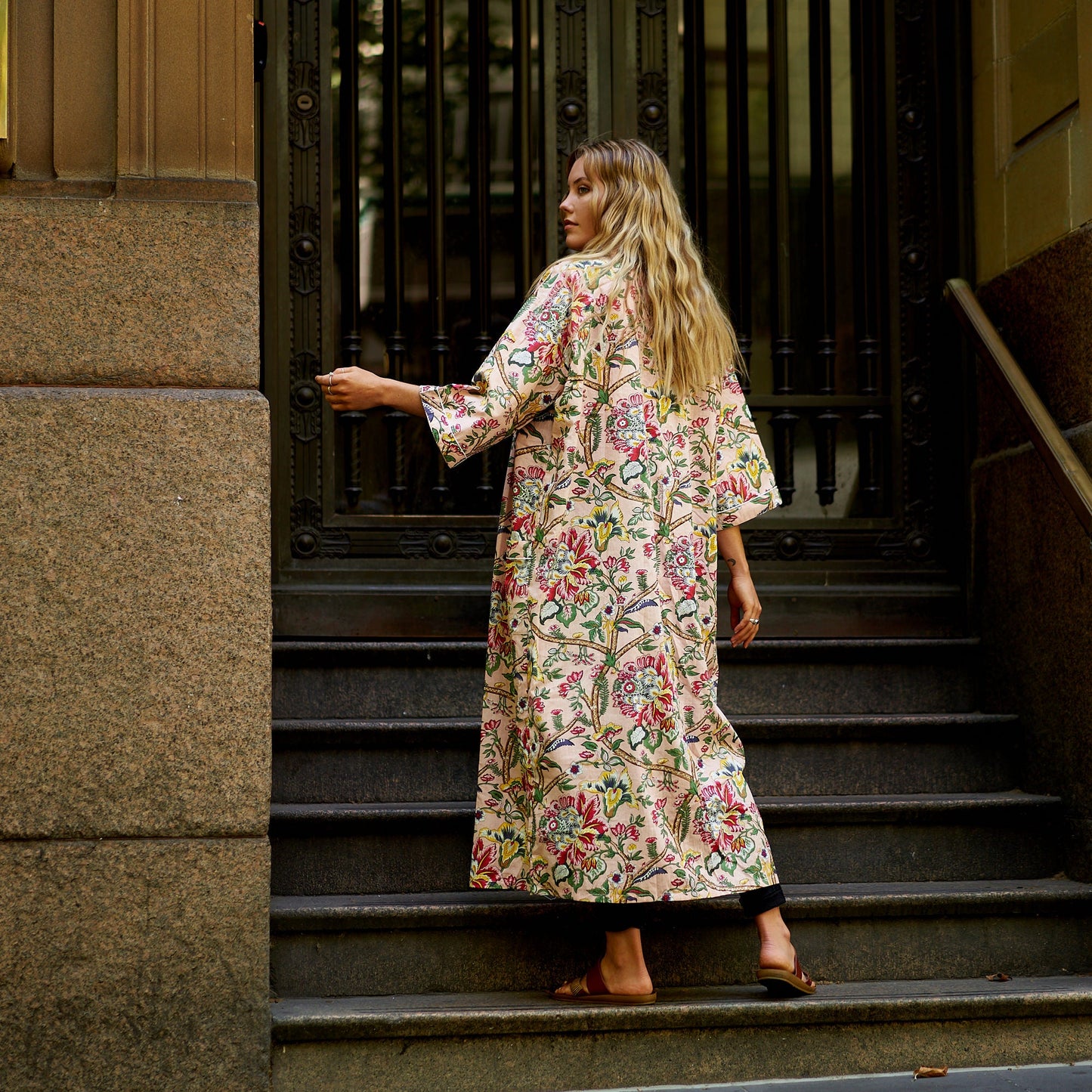 Frida’s Floral Serenade Kimono Robe – 100% Cotton, Hand-Screen Printed, Lightweight & Versatile