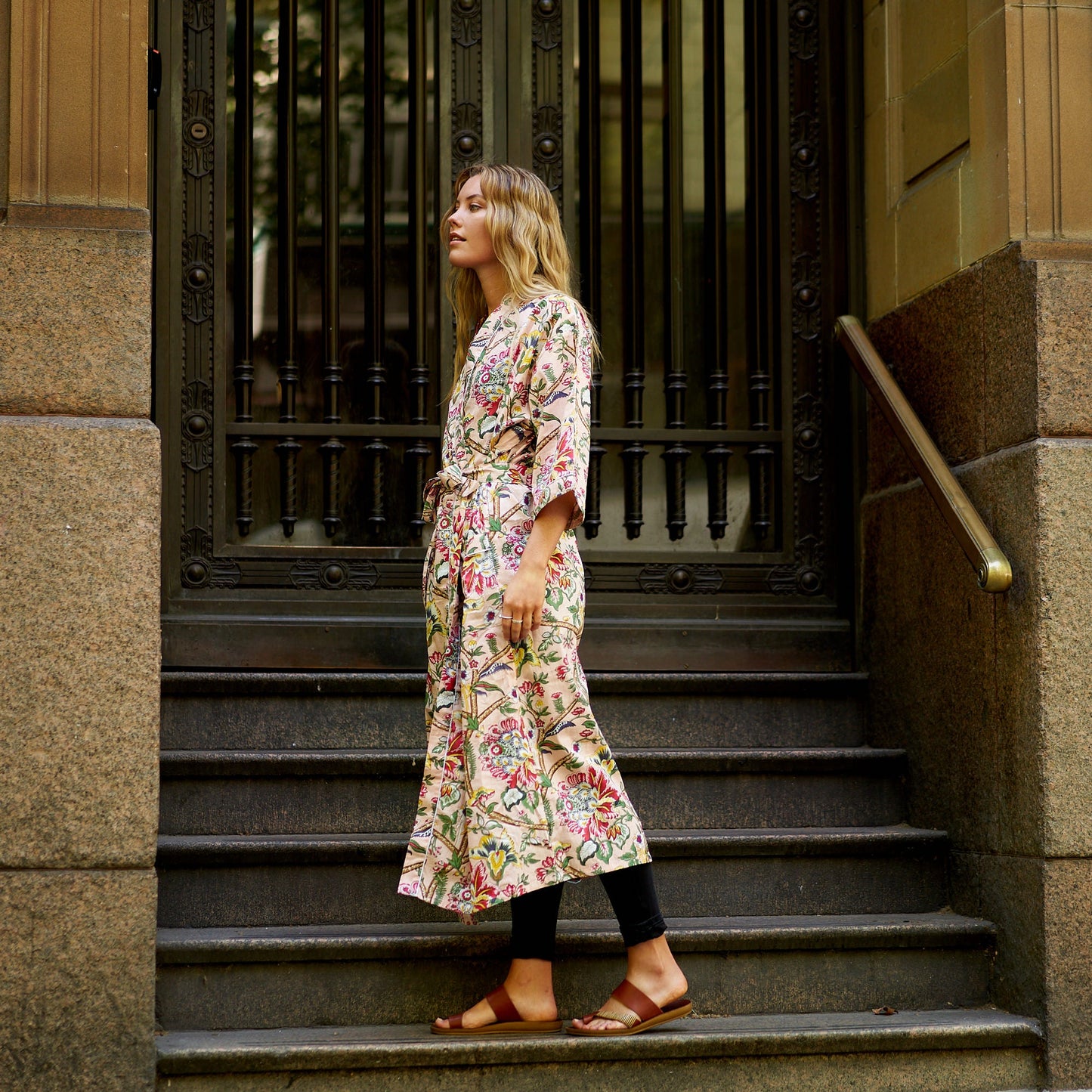 Frida’s Floral Serenade Kimono Robe – 100% Cotton, Hand-Screen Printed, Lightweight & Versatile