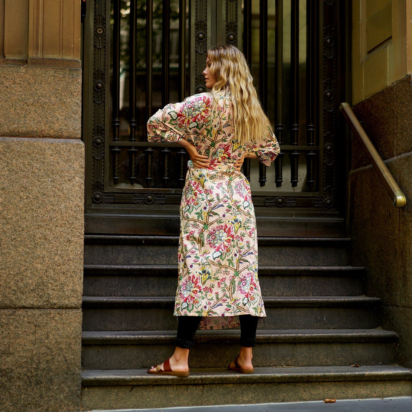 Frida’s Floral Serenade Kimono Robe – 100% Cotton, Hand-Screen Printed, Lightweight & Versatile