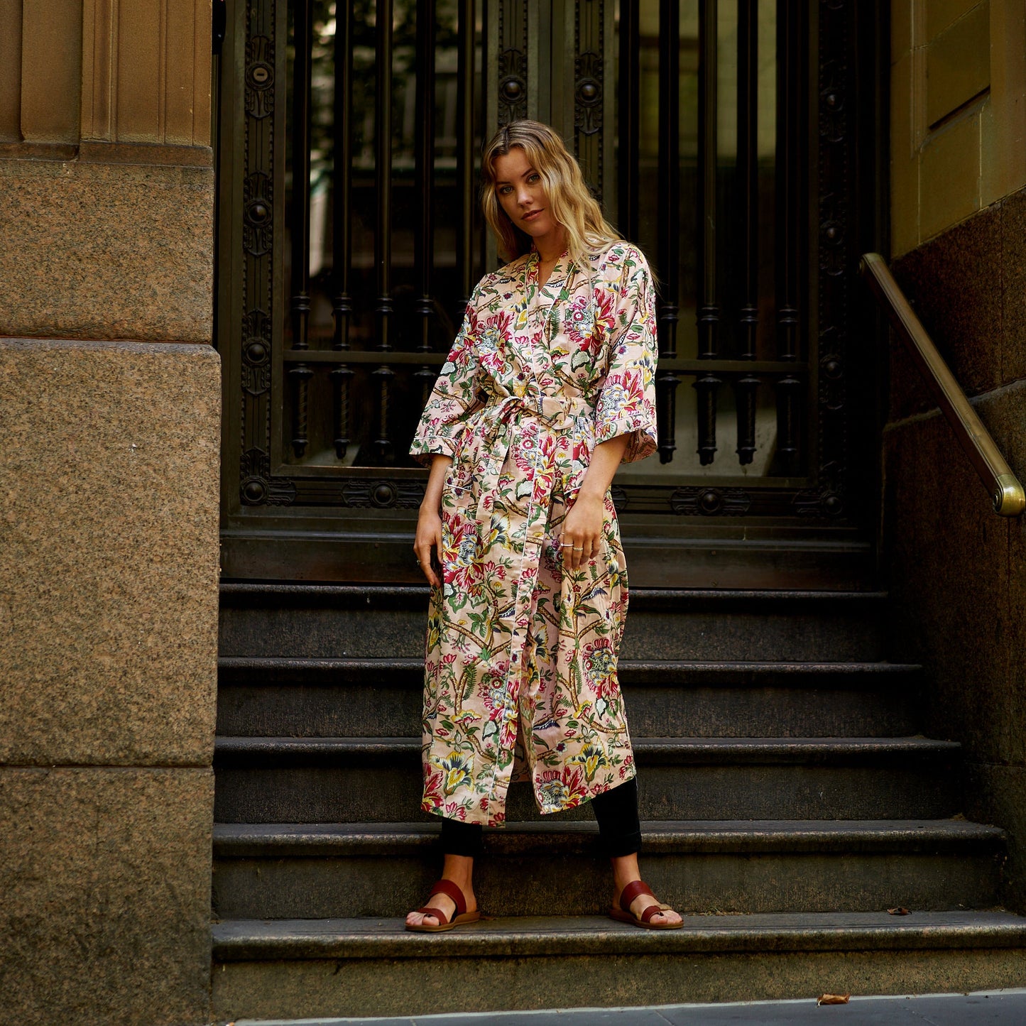 Frida’s Floral Serenade Kimono Robe – 100% Cotton, Hand-Screen Printed, Lightweight & Versatile