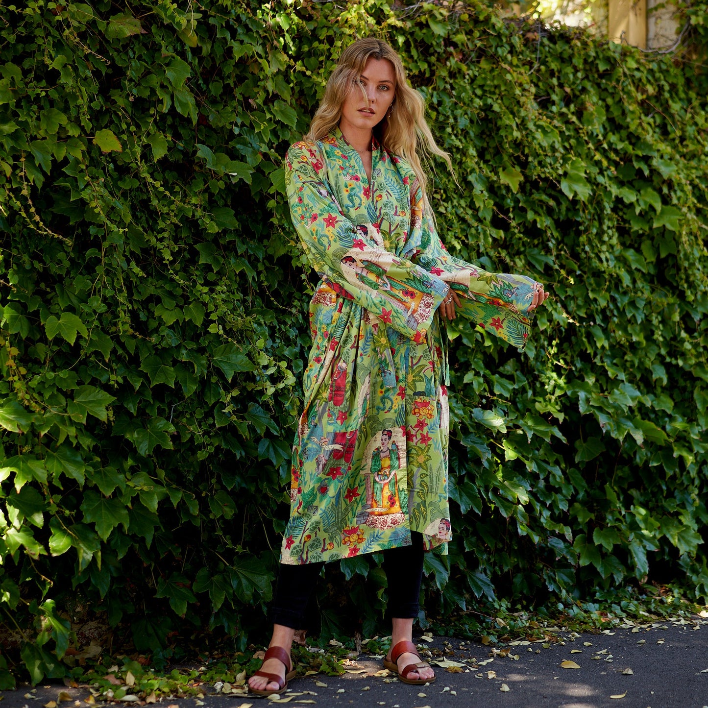 Frida’s Enchanted World Kimono Robe – 100% Cotton, Hand-Screen Printed, Lightweight & Versatile, Cozy Lounge Wear