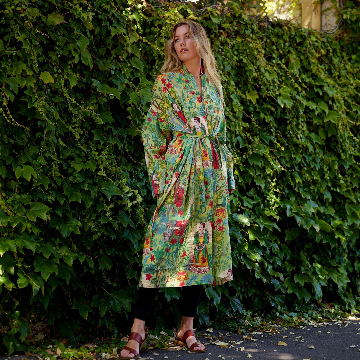 Frida’s Enchanted World Kimono Robe – 100% Cotton, Hand-Screen Printed, Lightweight & Versatile, Cozy Lounge Wear