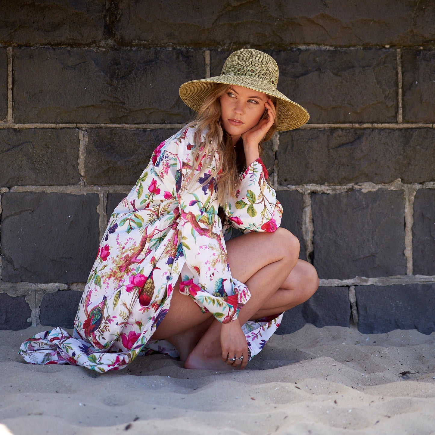 Hawaiian Haze Cotton Kimono Robe – Frida Kahlo-Inspired, Bird of Paradise Print, Multi-Way Wear