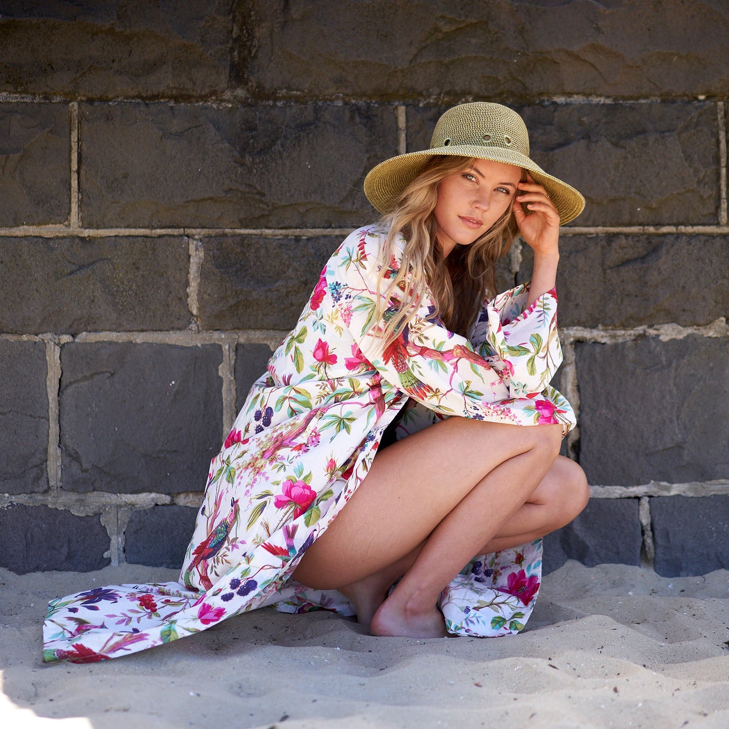 Hawaiian Haze Cotton Kimono Robe – Frida Kahlo-Inspired, Bird of Paradise Print, Multi-Way Wear