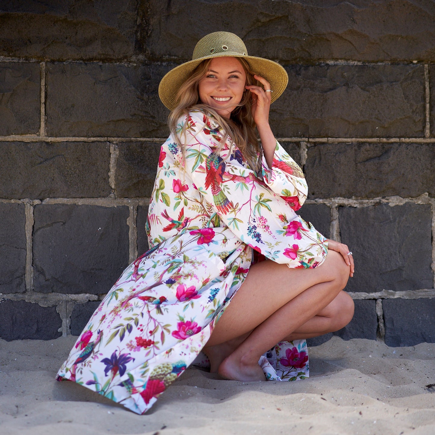 Hawaiian Haze Cotton Kimono Robe – Frida Kahlo-Inspired, Bird of Paradise Print, Multi-Way Wear