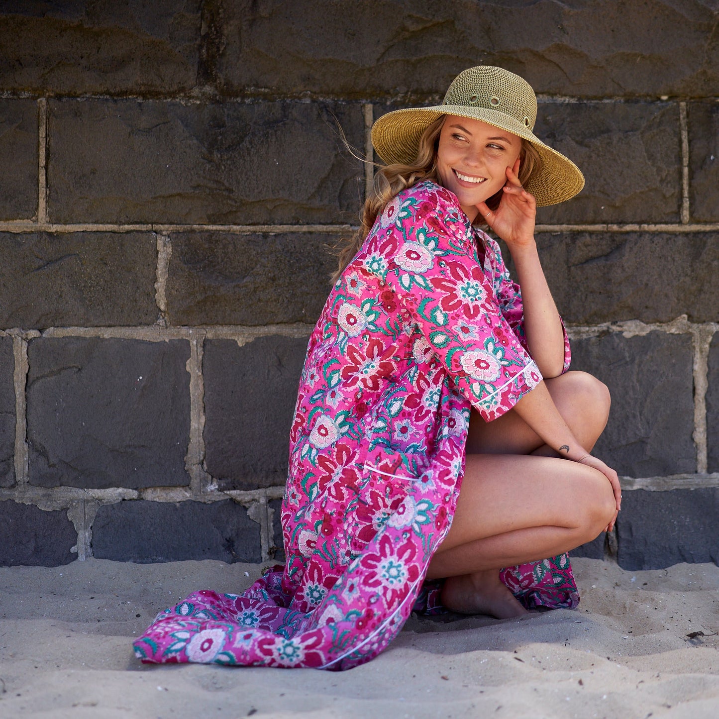 Dream in Pink Cotton Kimono Robe – Frida Kahlo-Inspired, Bird of Paradise Print, Multi-Way Wear