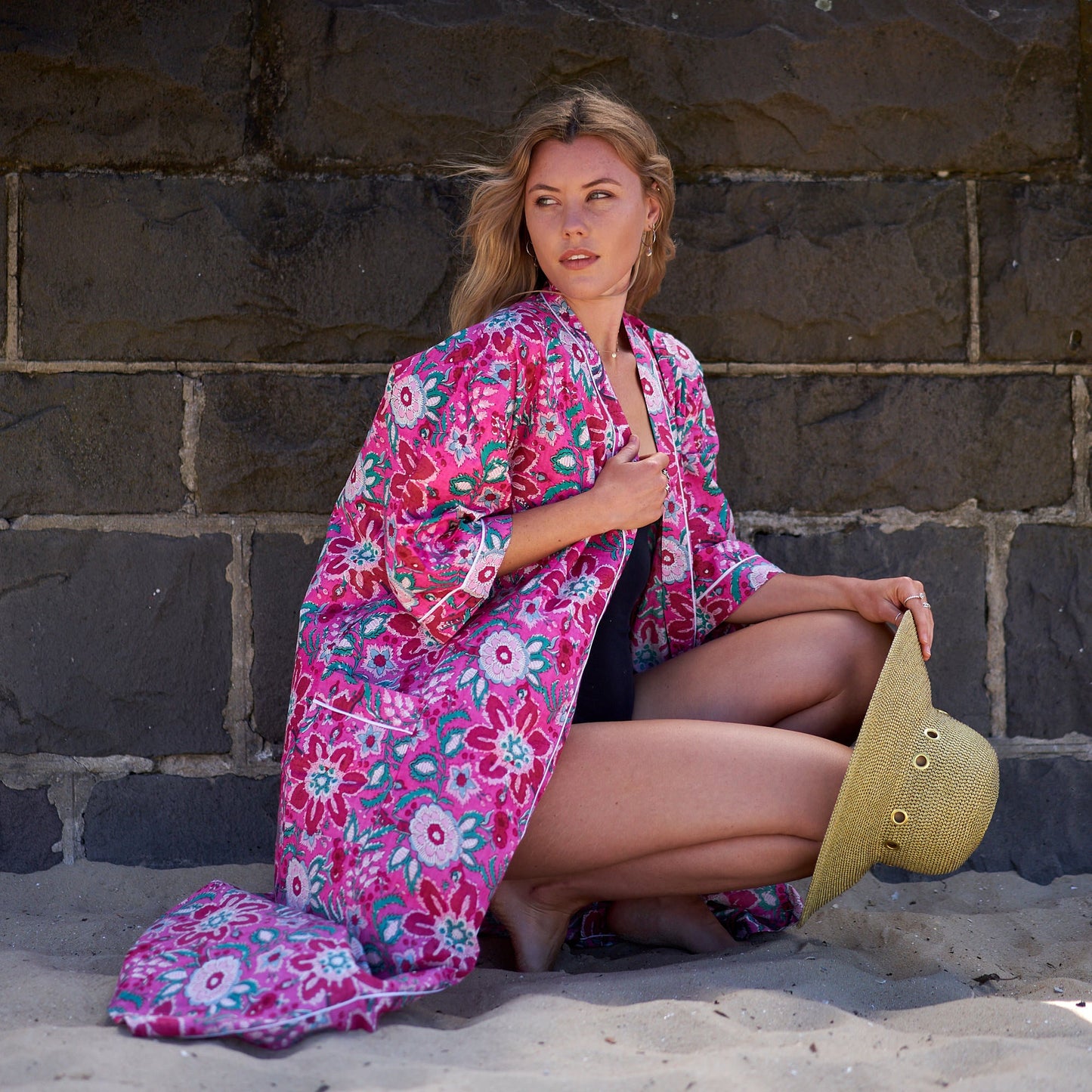 Dream in Pink Cotton Kimono Robe – Frida Kahlo-Inspired, Bird of Paradise Print, Multi-Way Wear