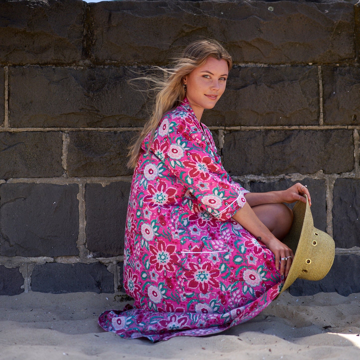 Dream in Pink Cotton Kimono Robe – Frida Kahlo-Inspired, Bird of Paradise Print, Multi-Way Wear