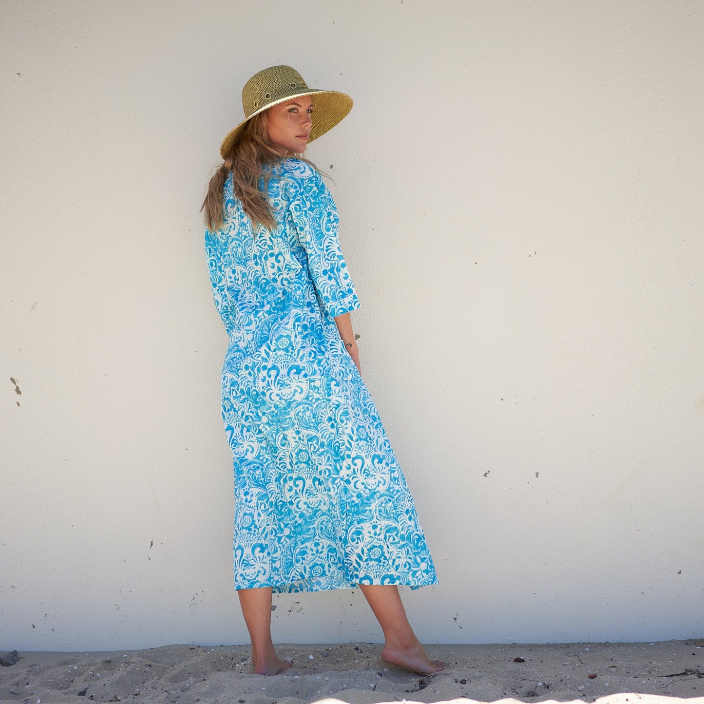 Ocean Blossoms Cotton Kimono Robe – Frida Kahlo-Inspired, Bird of Paradise Print, Versatile Multi-Way Wear