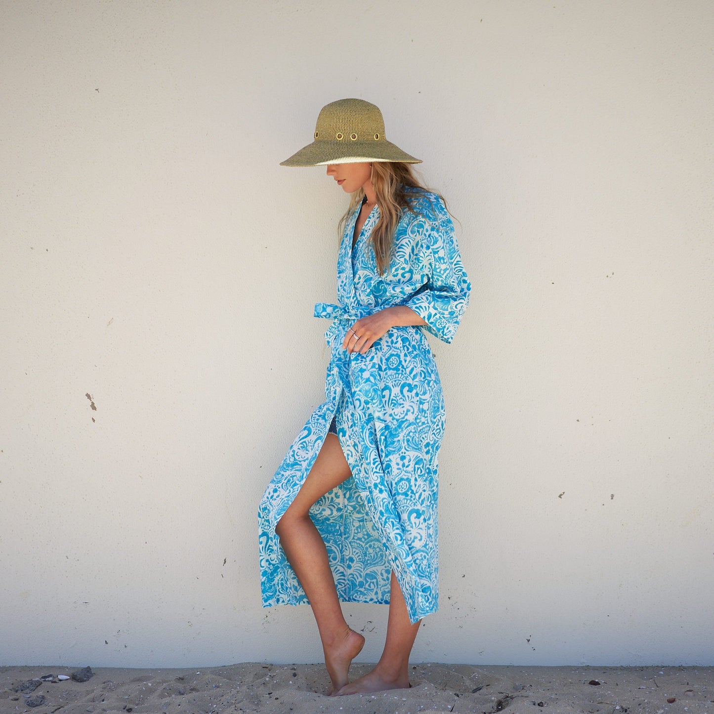 Ocean Blossoms Cotton Kimono Robe – Frida Kahlo-Inspired, Bird of Paradise Print, Versatile Multi-Way Wear