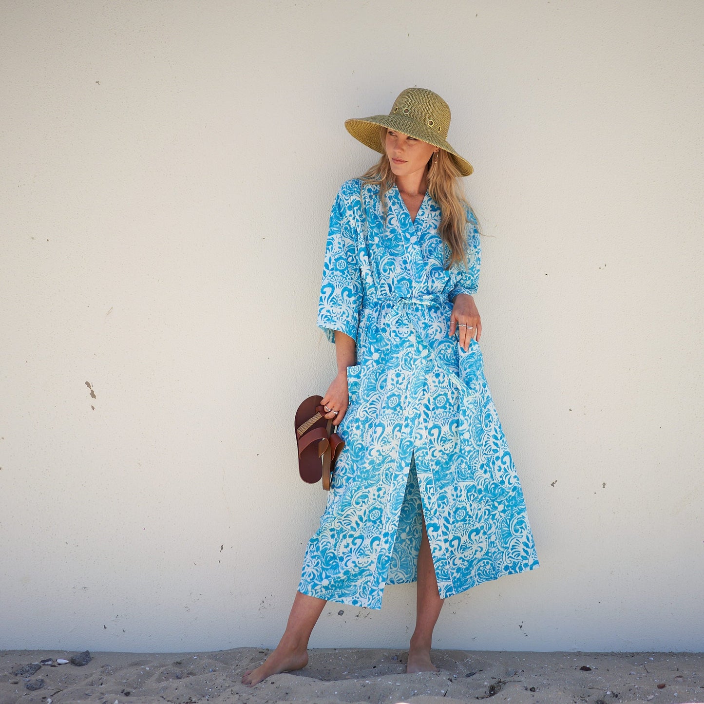Ocean Blossoms Cotton Kimono Robe – Frida Kahlo-Inspired, Bird of Paradise Print, Versatile Multi-Way Wear
