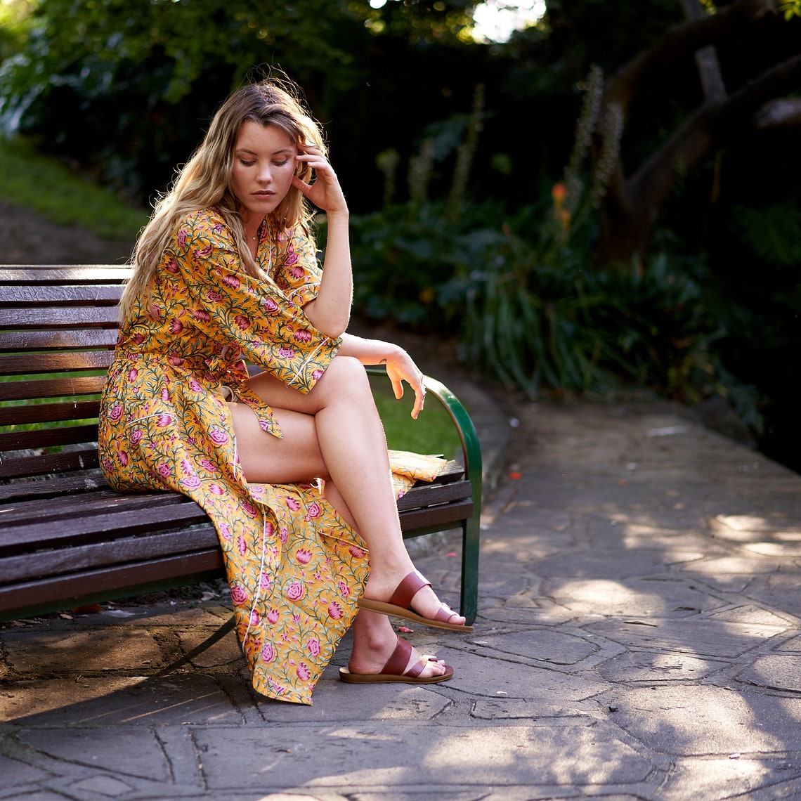 Serenity in Spring 100% Cotton Kimono Robe – Frida Kahlo-Inspired, Bird of Paradise Hand-Screen Printed Design, Bathrobe, Kaftan, Lounge Wear