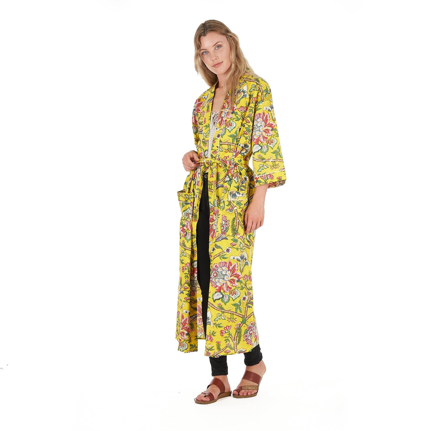 Lemon Floral Hues Kimono Robe – Frida Kahlo Inspired, Cotton, Versatile & Lightweight