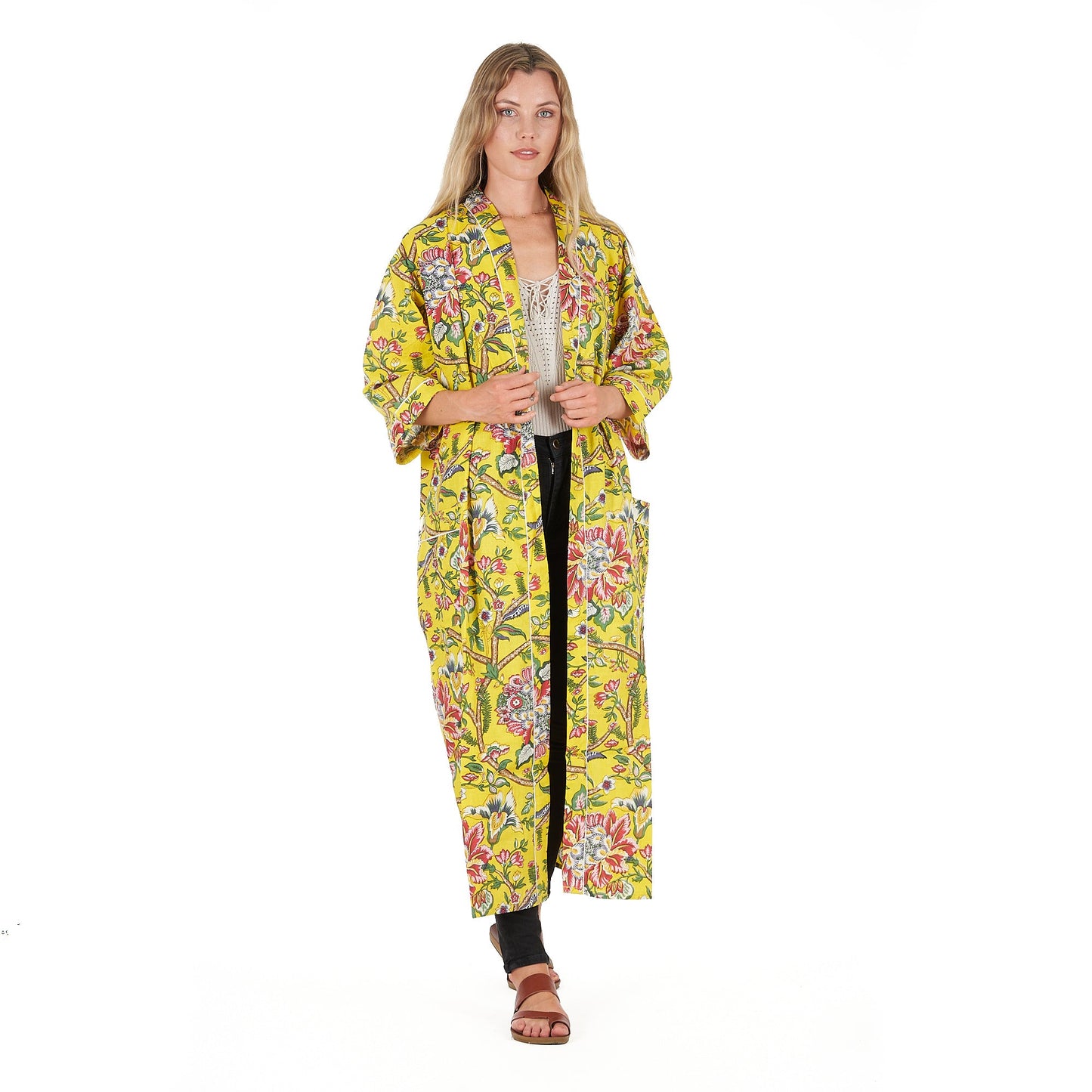 Lemon Floral Hues Kimono Robe – Frida Kahlo Inspired, Cotton, Versatile & Lightweight