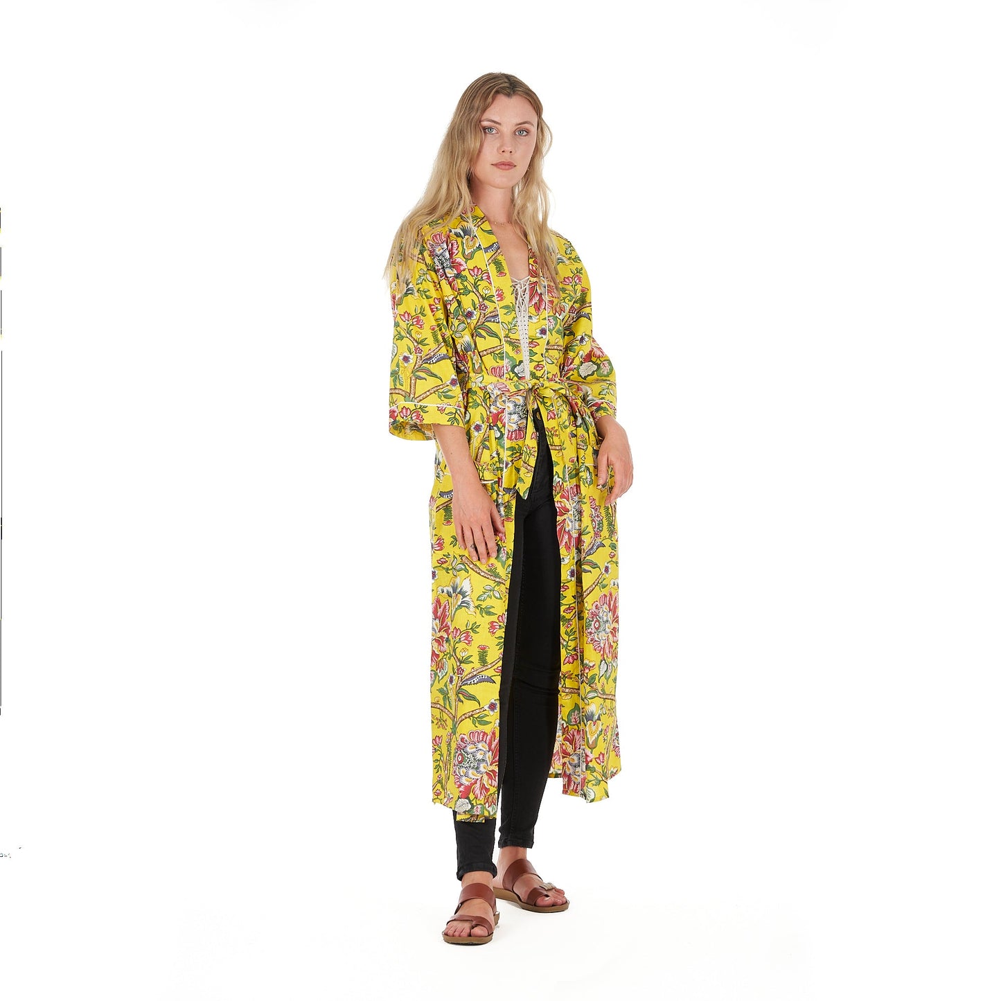 Lemon Floral Hues Kimono Robe – Frida Kahlo Inspired, Cotton, Versatile & Lightweight