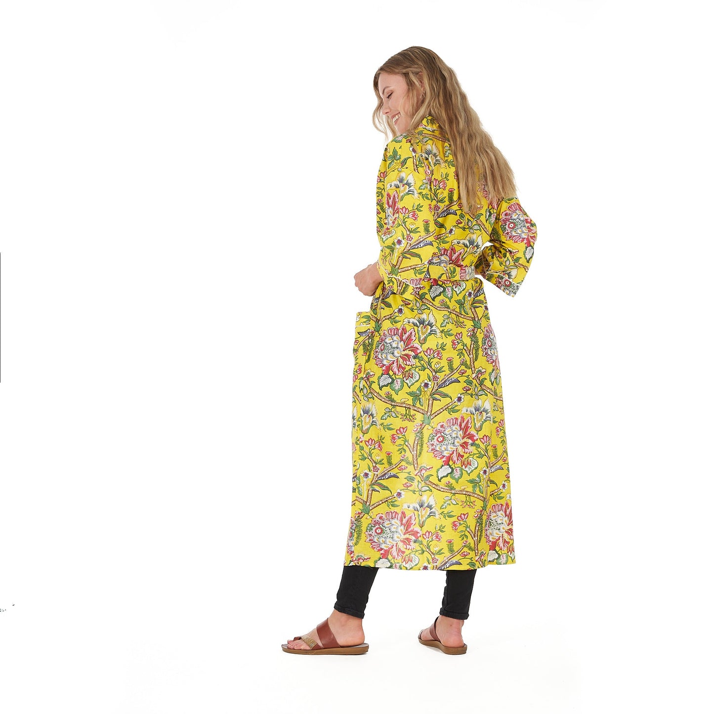 Lemon Floral Hues Kimono Robe – Frida Kahlo Inspired, Cotton, Versatile & Lightweight