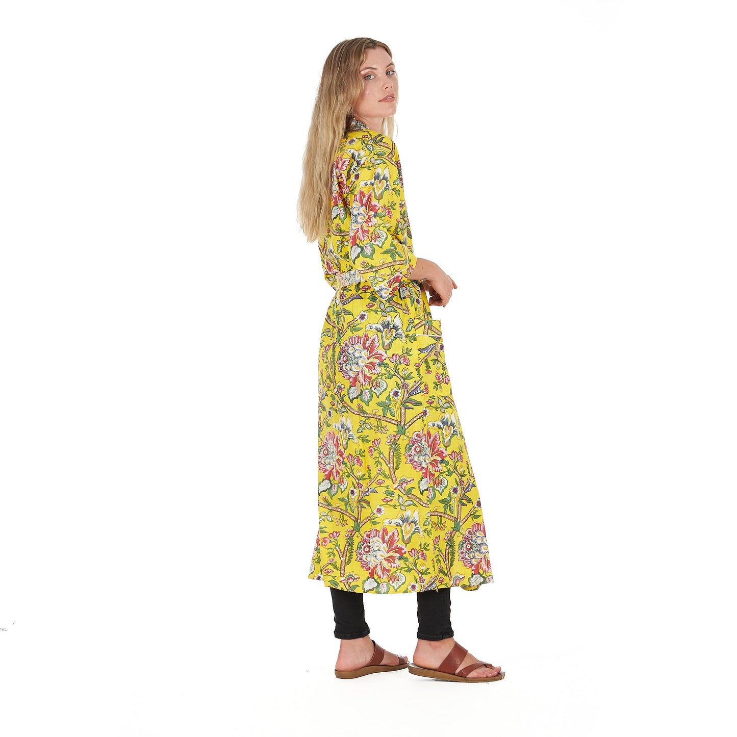 Lemon Floral Hues Kimono Robe – Frida Kahlo Inspired, Cotton, Versatile & Lightweight