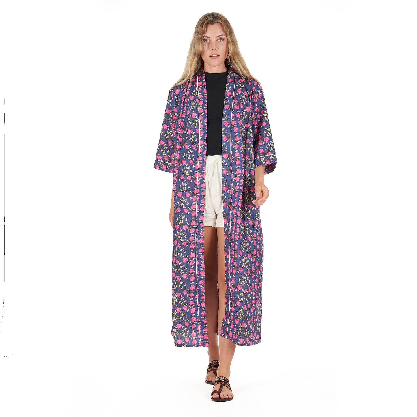 Midnight Bloom Cotton Kimono Robe