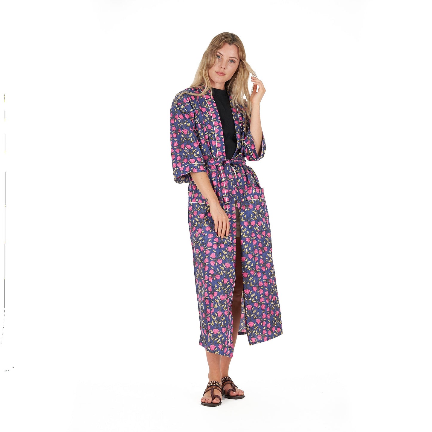 Midnight Bloom Cotton Kimono Robe