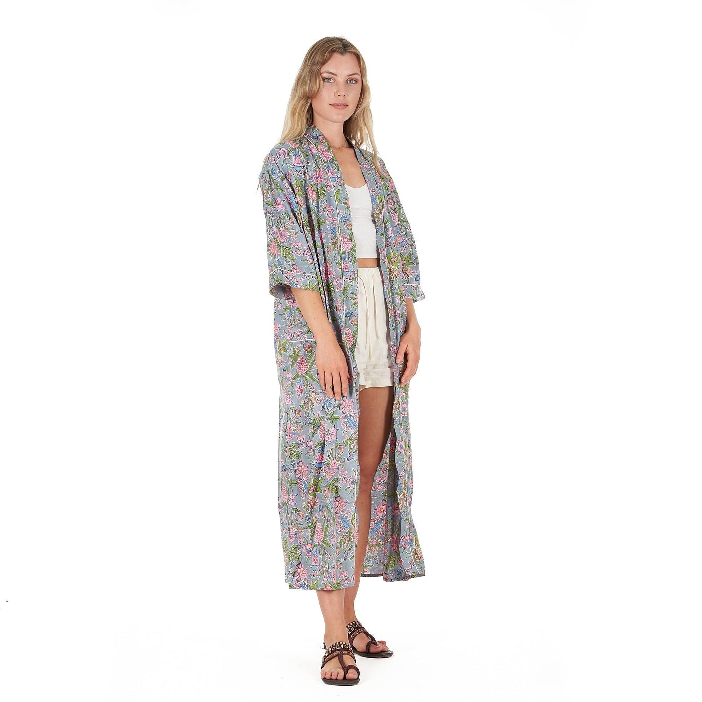 Coastal Escape Kimono Robe – Hand Screen Printed, Cotton, Versatile & Gift-Ready