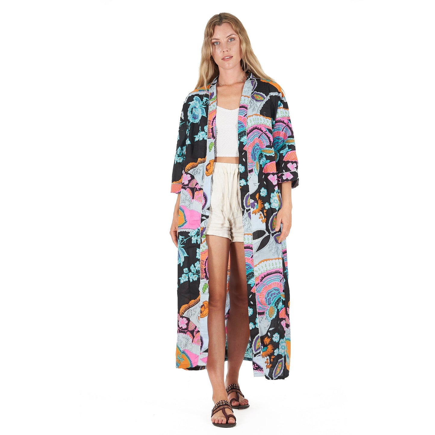 Moonlit Flora Cotton Kimono Robe – Hand-Screen Printed, Soft & Versatile