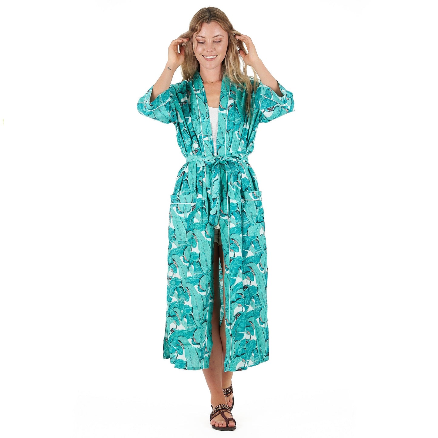 Rainforest Rhapsody Cotton Kimono Robe – Hand-Screen Printed, Soft & Versatile