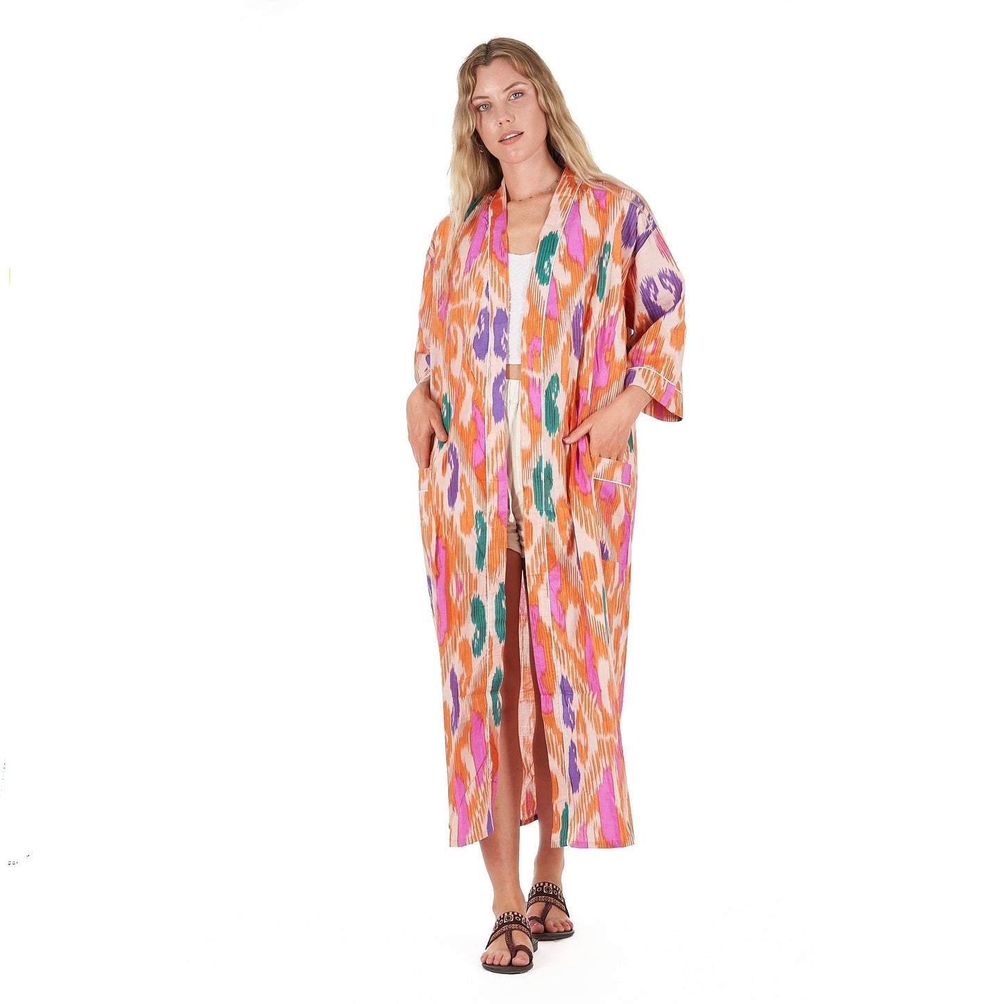 Tropical Hues Cotton Kimono Robe – Frida Kahlo-Inspired, Bird of Paradise Print, Multi-Way Wear