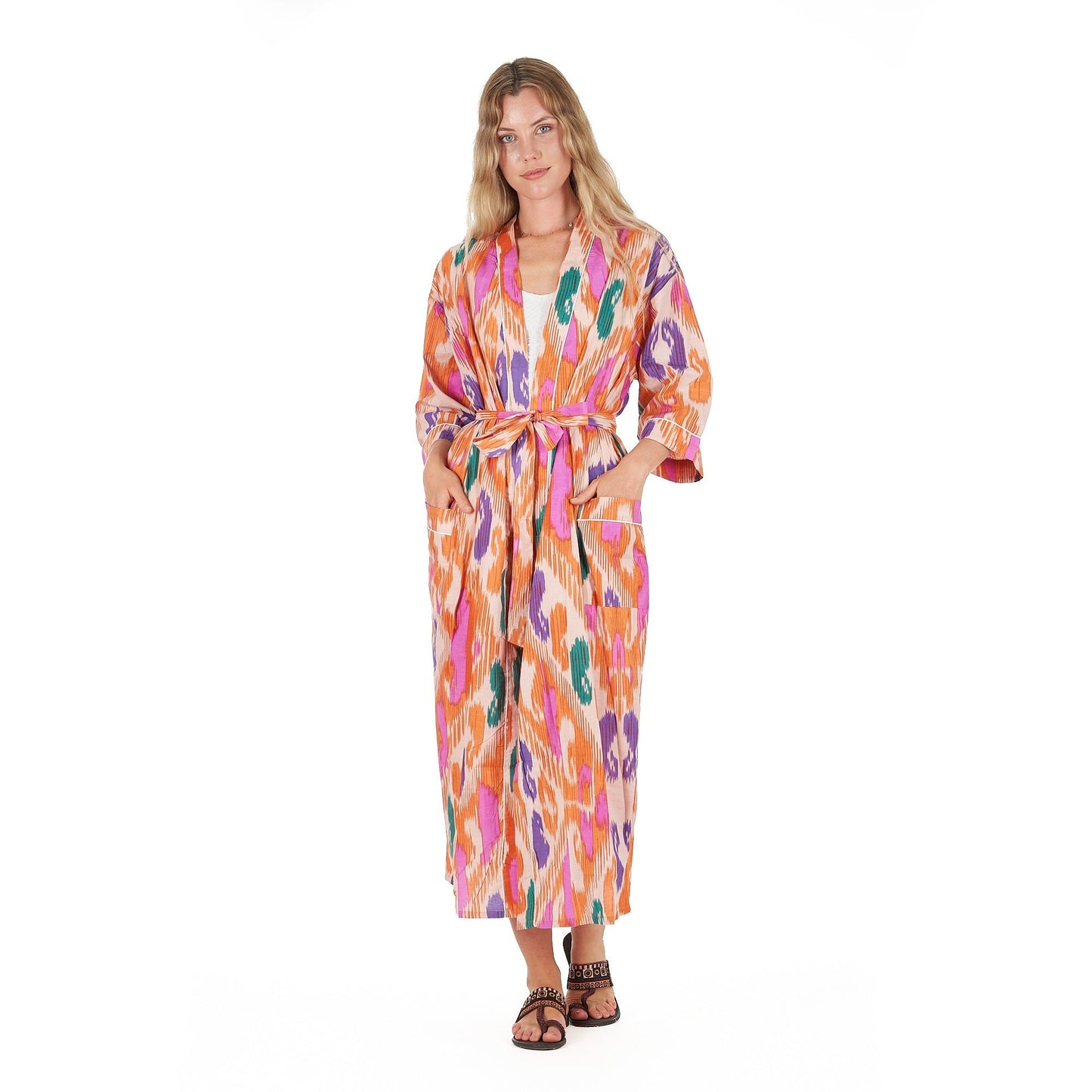 Tropical Hues Cotton Kimono Robe – Frida Kahlo-Inspired, Bird of Paradise Print, Multi-Way Wear