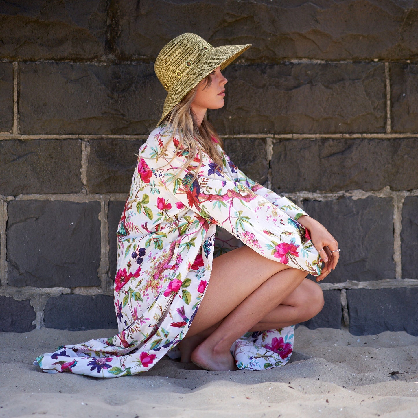 Hawaiian Haze Cotton Kimono Robe – Frida Kahlo-Inspired, Bird of Paradise Print, Multi-Way Wear