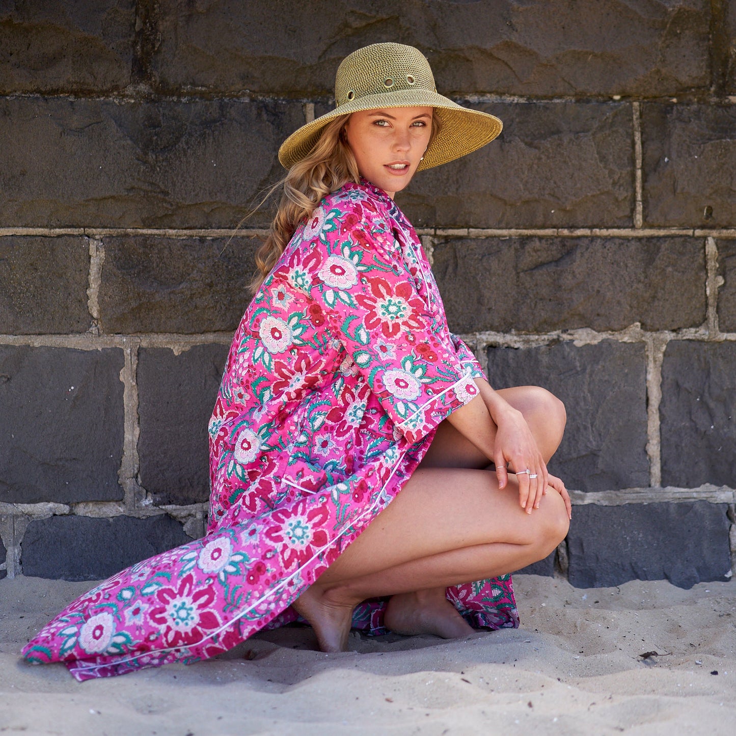 Dream in Pink Cotton Kimono Robe – Frida Kahlo-Inspired, Bird of Paradise Print, Multi-Way Wear
