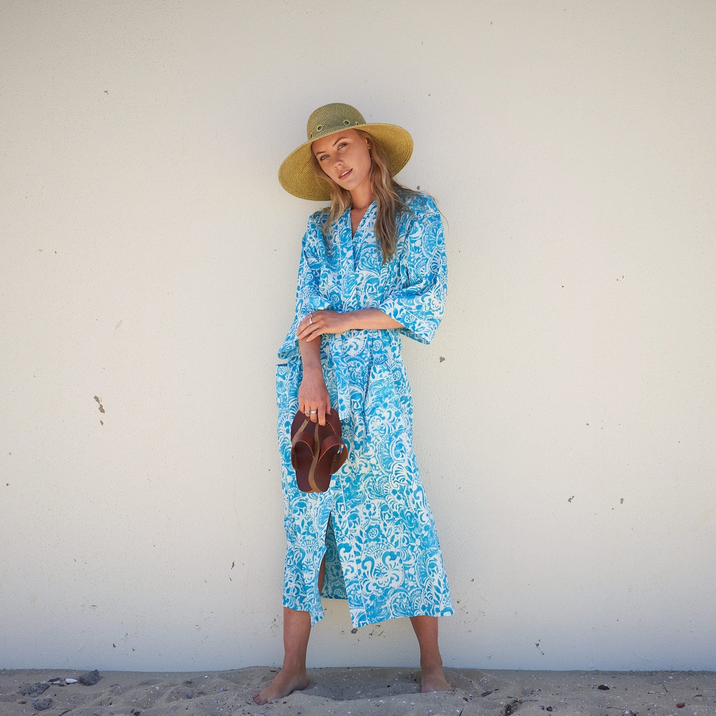 Ocean Blossoms Cotton Kimono Robe – Frida Kahlo-Inspired, Bird of Paradise Print, Versatile Multi-Way Wear