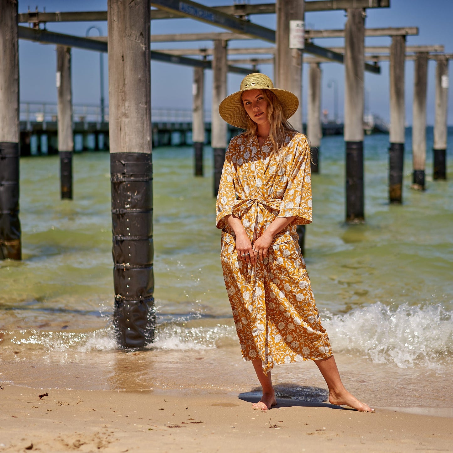 Sunny Daze Kimono Robe – Frida Kahlo-Inspired, 100% Cotton, Hand-Screen Printed, Versatile & Lightweight