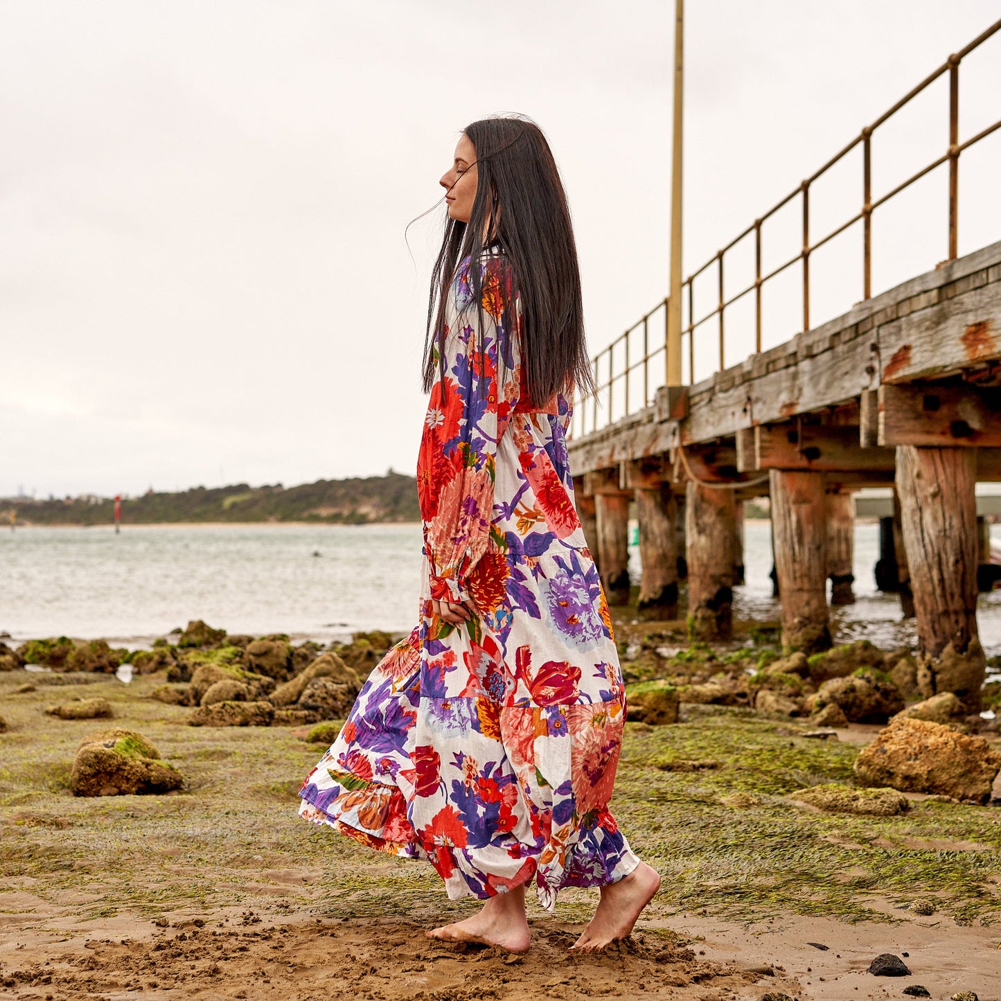 White floral boho maxi dress with a flowing silhouette