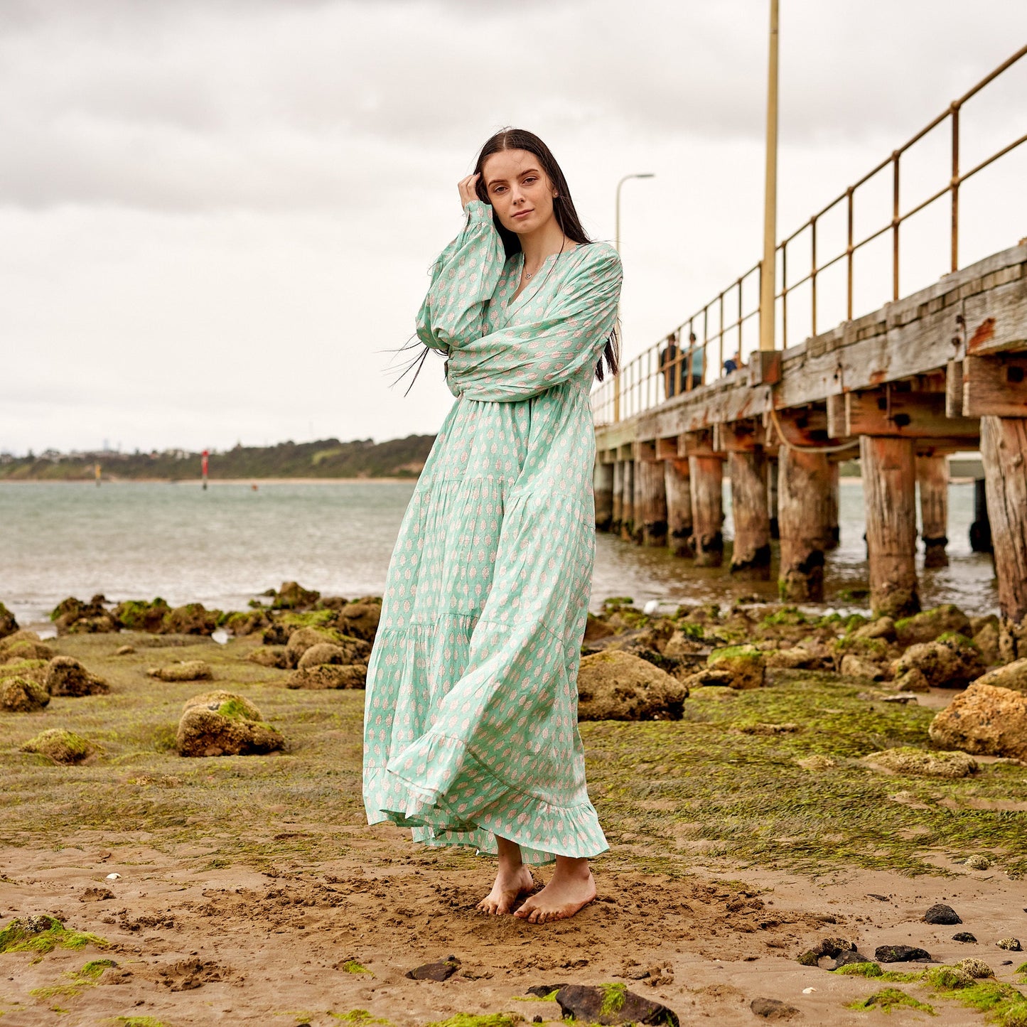 Mint Melange 100% Cotton Maxi Dress – Hand-Screen Printed Floral Design, S/M & L/XL, Comfortable & Timeless for All Seasons
