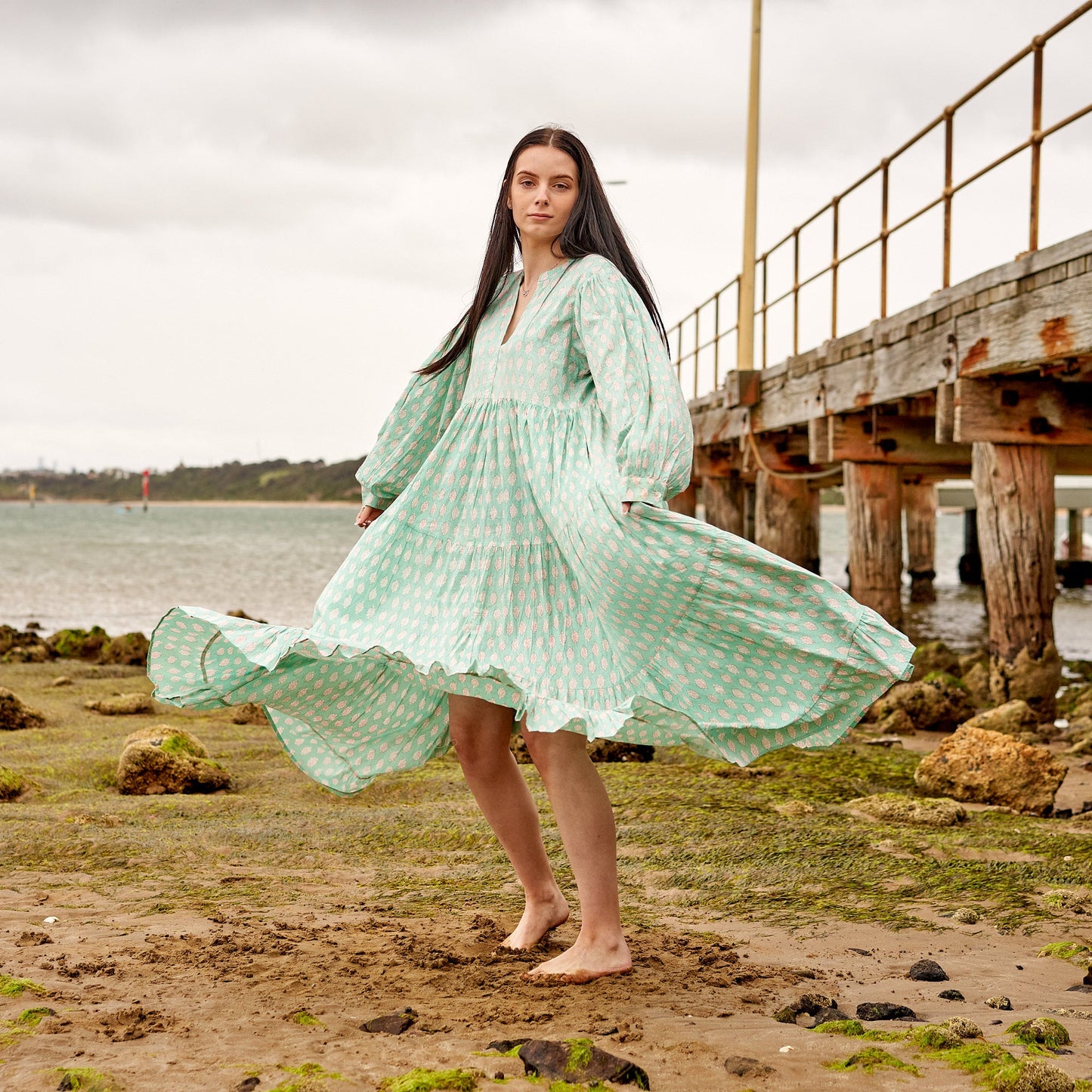Mint Melange 100% Cotton Maxi Dress – Hand-Screen Printed Floral Design, S/M & L/XL, Comfortable & Timeless for All Seasons