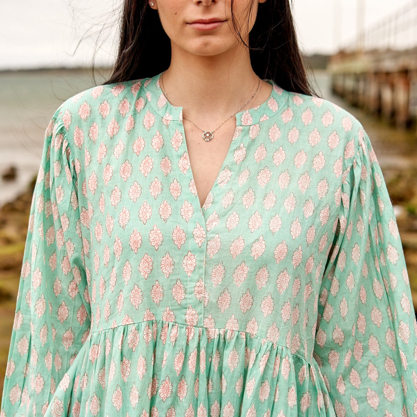 Mint Melange 100% Cotton Maxi Dress – Hand-Screen Printed Floral Design, S/M & L/XL, Comfortable & Timeless for All Seasons