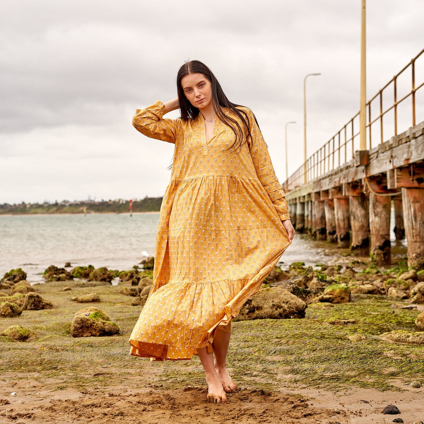 Golden Summer 100% Cotton Maxi Dress – Hand-Screen Printed Floral Boho Style, S/M & L/XL, Breathable and Versatile for Beach & Casual Wear, Elegant and Timeless Design