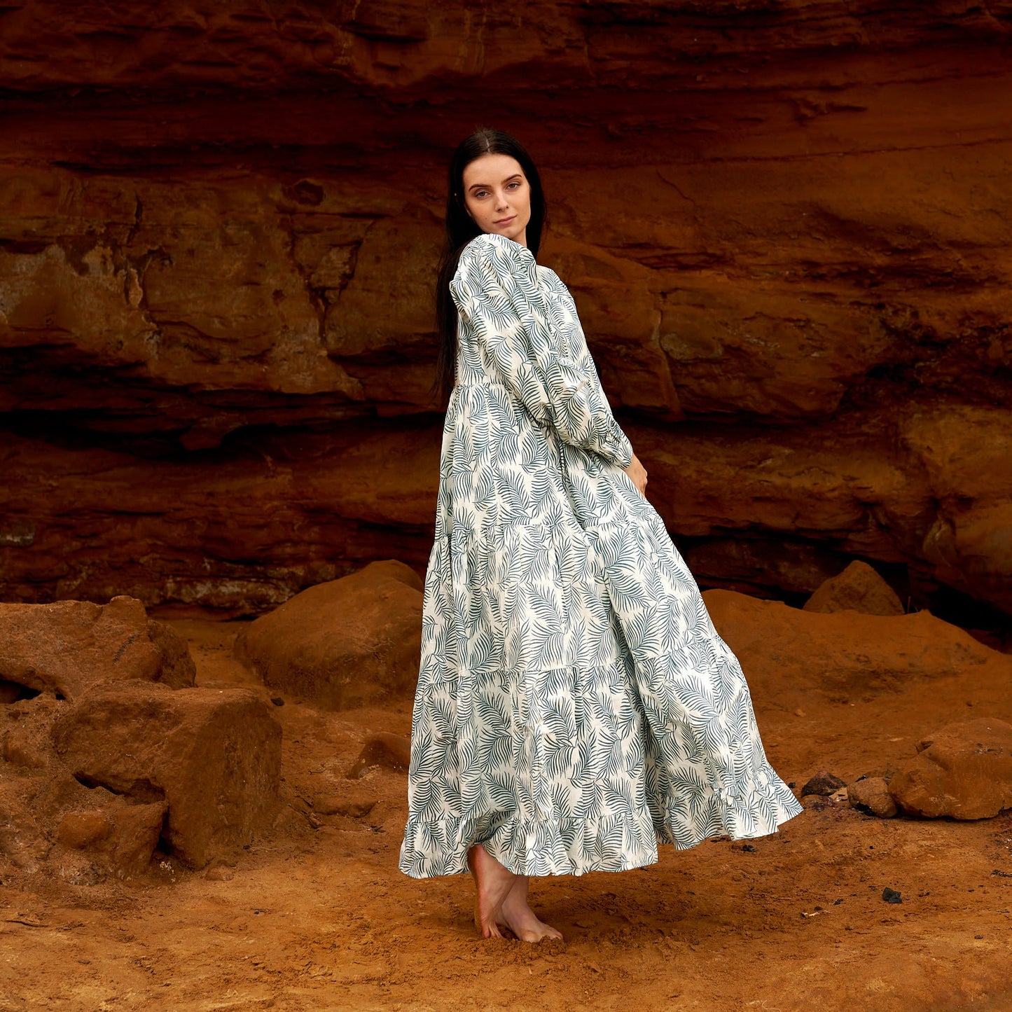 Verdant Escape 100% Cotton Boho Maxi Dress – Hand-Screen Printed Floral Design, S/M & L/XL, Soft & Comfortable for Any Occasion