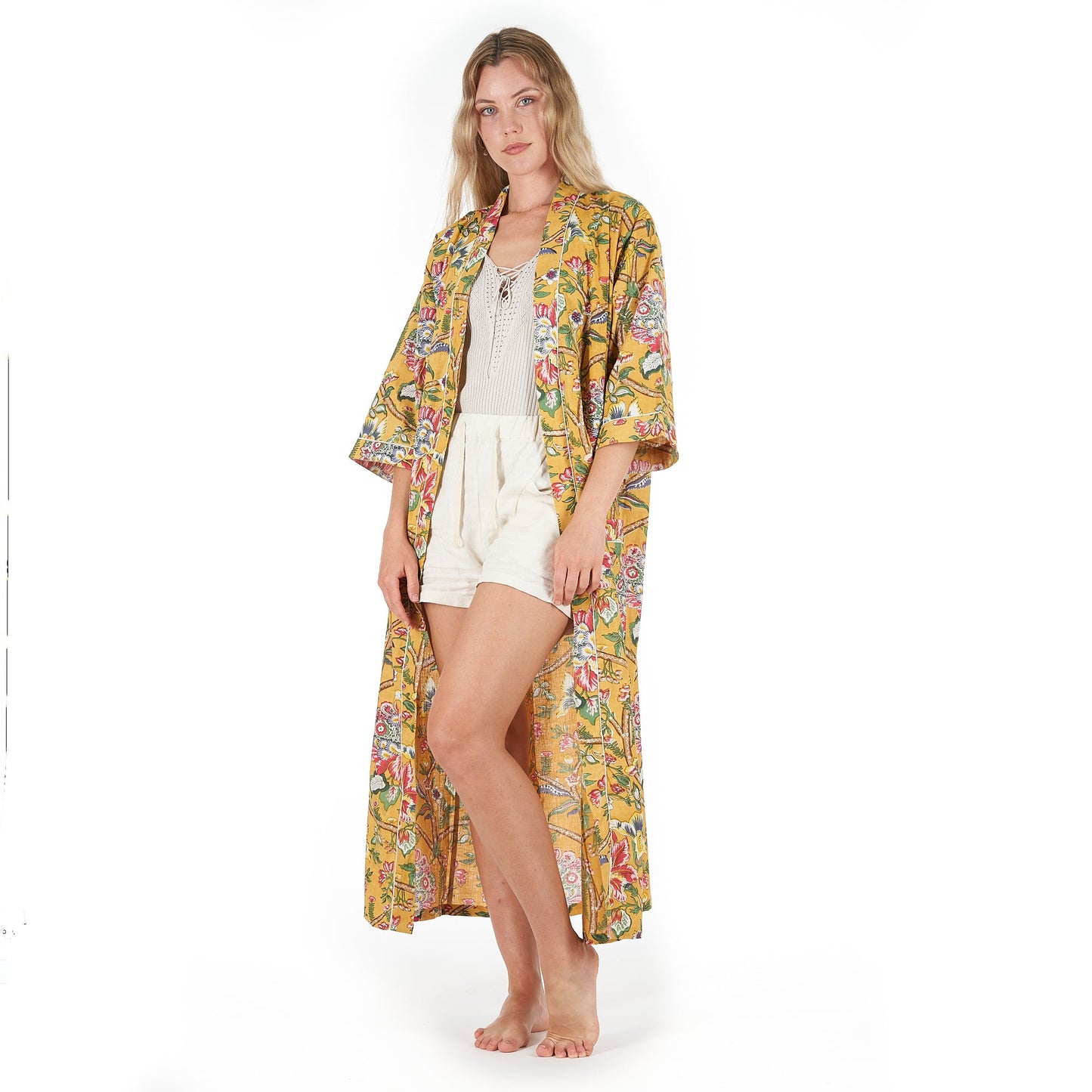 Mustard Mystique Cotton Kimono – Frida Kahlo-Inspired, Hand-Printed, Lightweight & Versatile