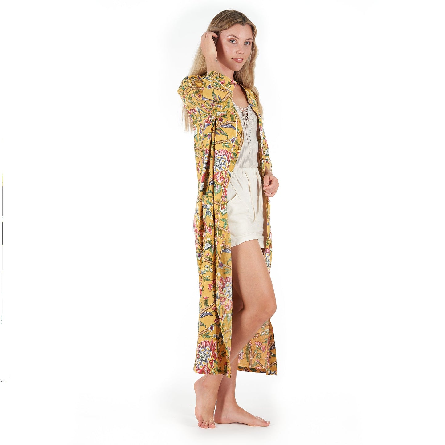 Mustard Mystique Cotton Kimono – Frida Kahlo-Inspired, Hand-Printed, Lightweight & Versatile