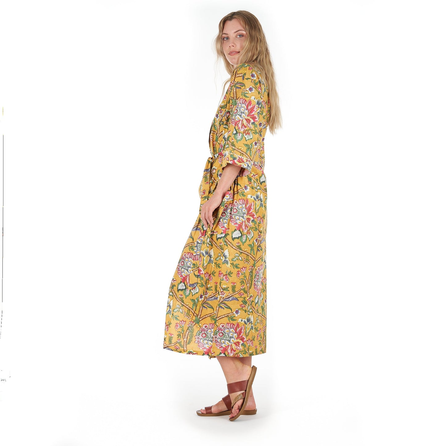 Mustard Mystique Cotton Kimono – Frida Kahlo-Inspired, Hand-Printed, Lightweight & Versatile