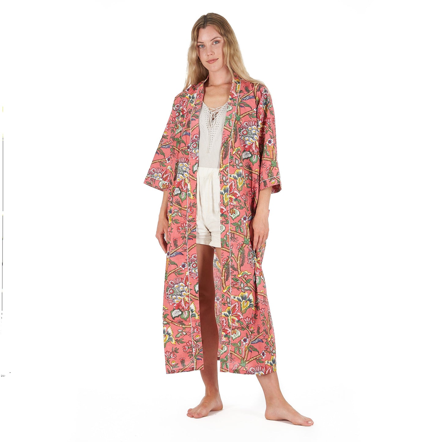 Floral Splendour Cotton Kimono – Frida Kahlo-Inspired, Bird of Paradise Print, Lightweight & Versatile