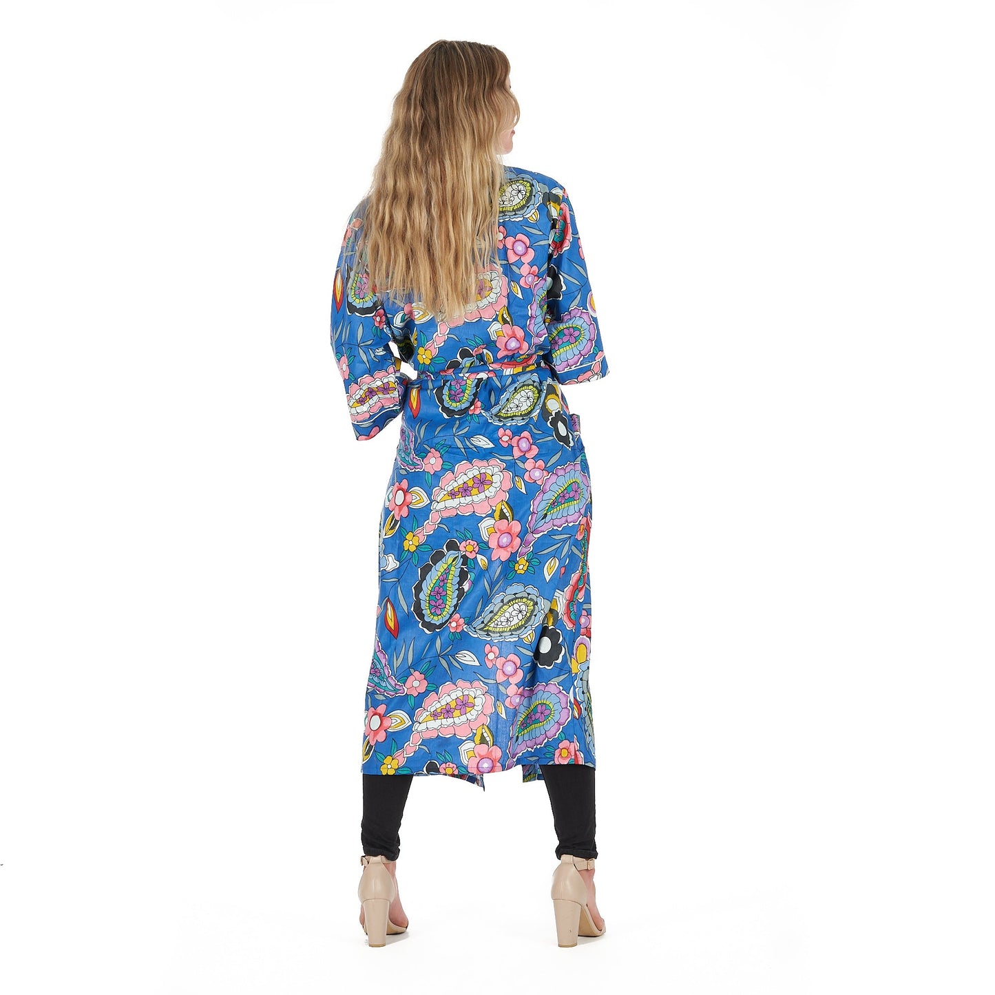 Bold Blue Florals Cotton Kimono Robe – Frida Kahlo-Inspired, Hand-Screen Printed Bird of Paradise, Versatile Lounge Wear
